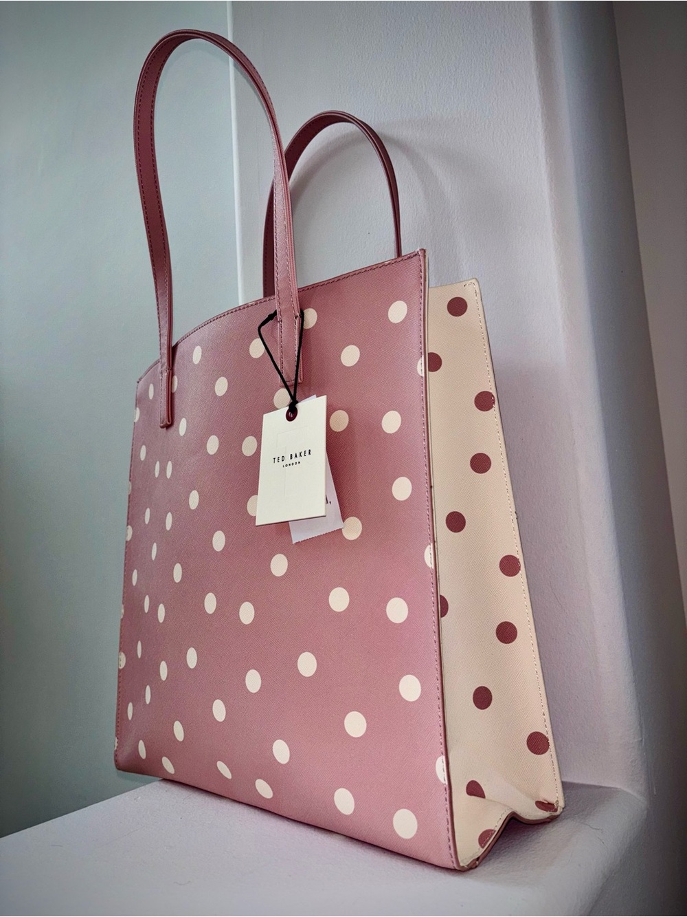 Ted Baker London NWT Pink Polka Dot Leather Tote Bag Coquette Style - Picture 9 of 13